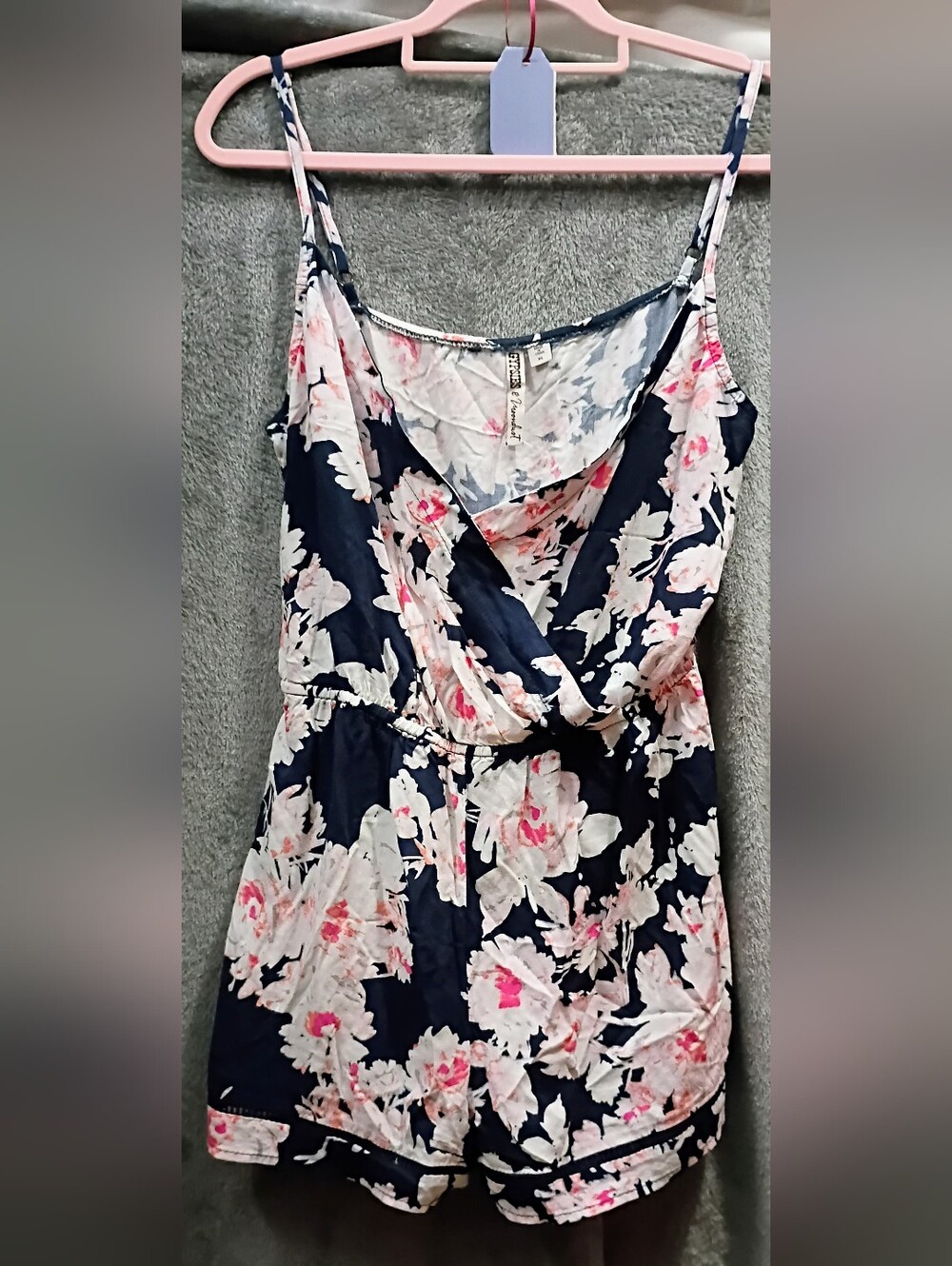 Gypsies & Moondust Navy Floral Surplice Romper with Pink and White Blooms
